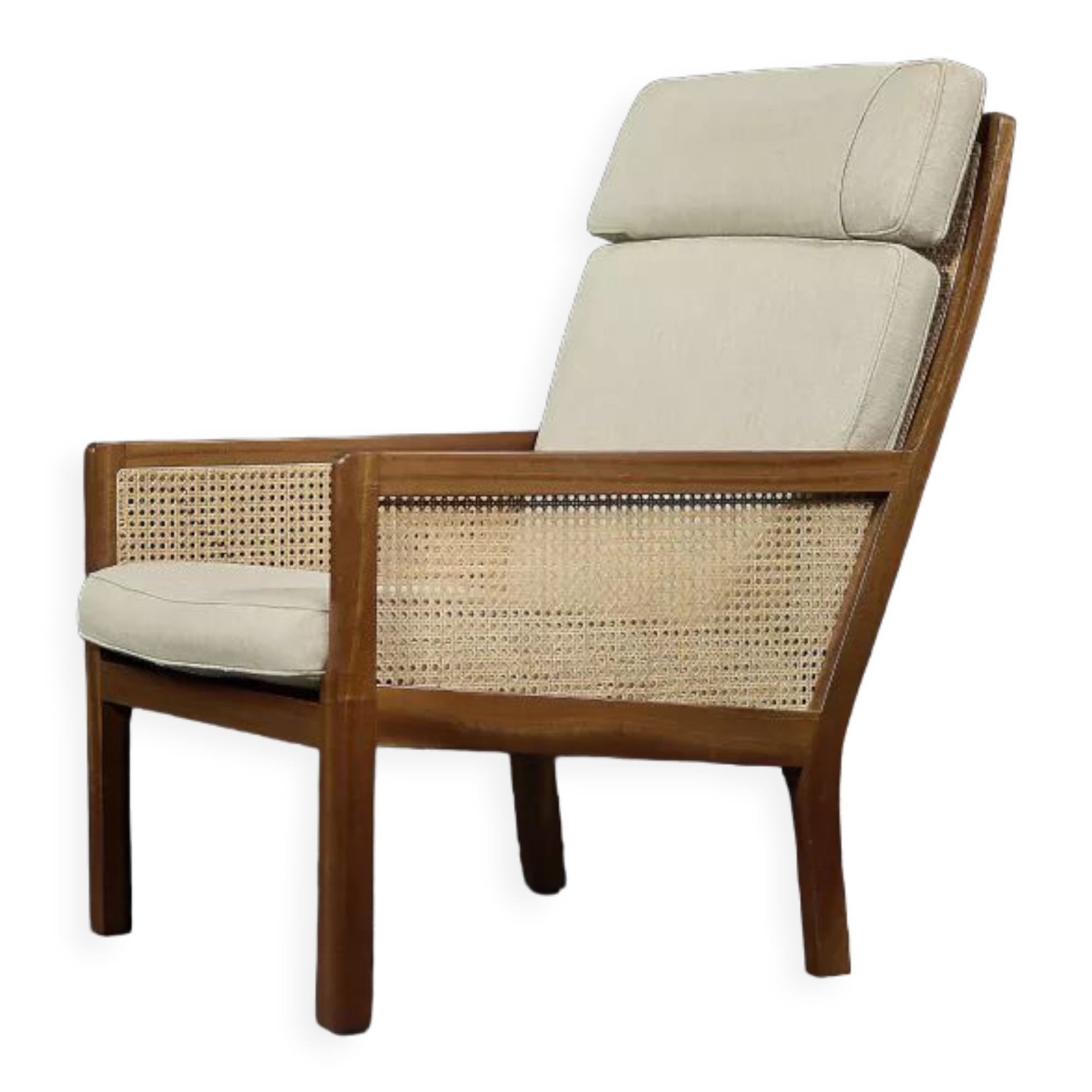 Mid-century modern Scandinavian mahogany armchair with French wicker by Bernt Petersen.