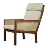 Mid-century modern Scandinavian mahogany armchair with French wicker by Bernt Petersen.