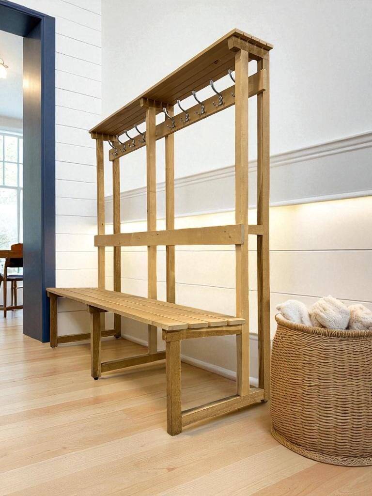 Vintage portemanteau XL en bois avec banc