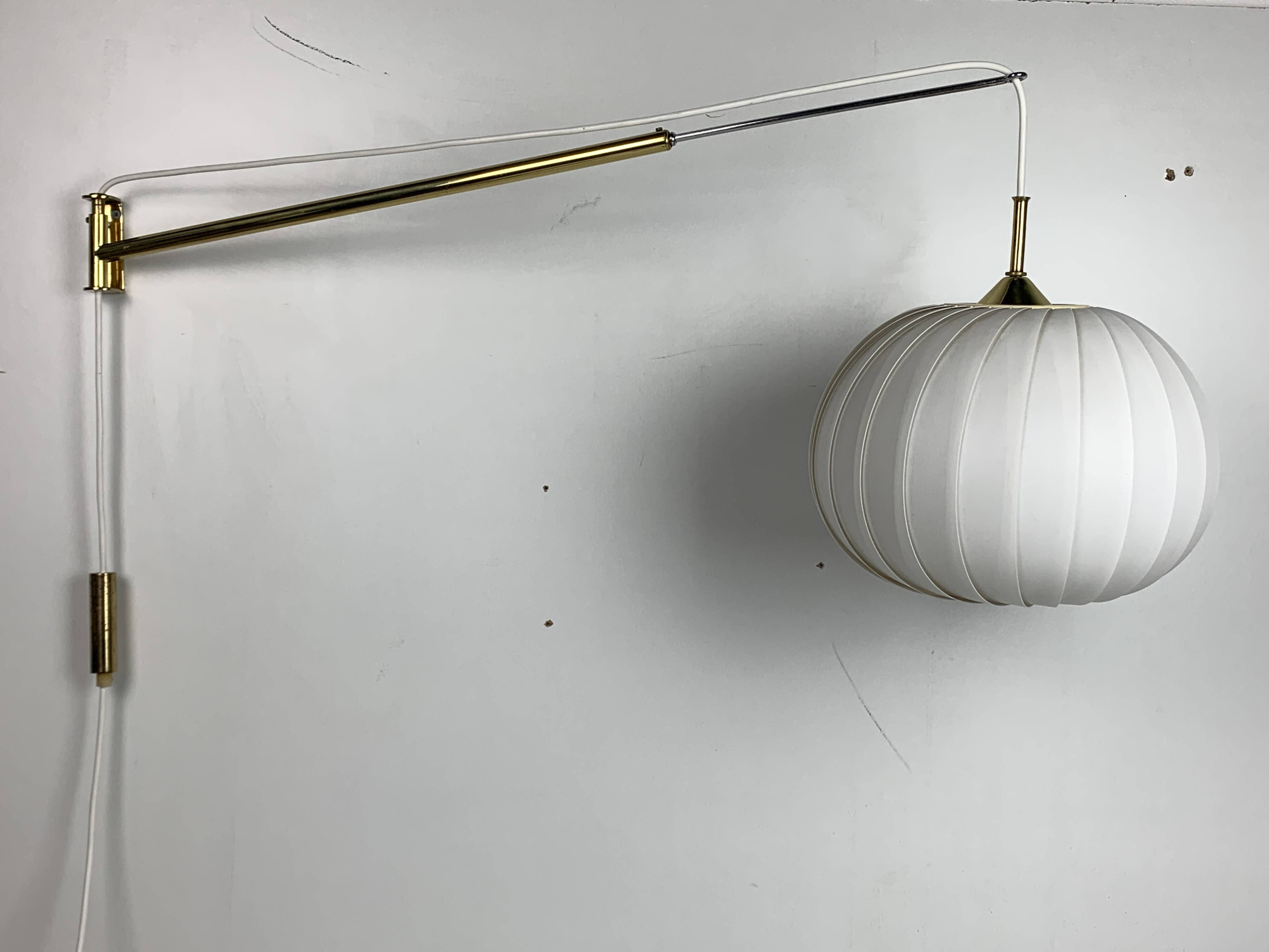 Midcentury extendable brass wall mount with cocoon and sisal shade Lars Schioler, 1960s