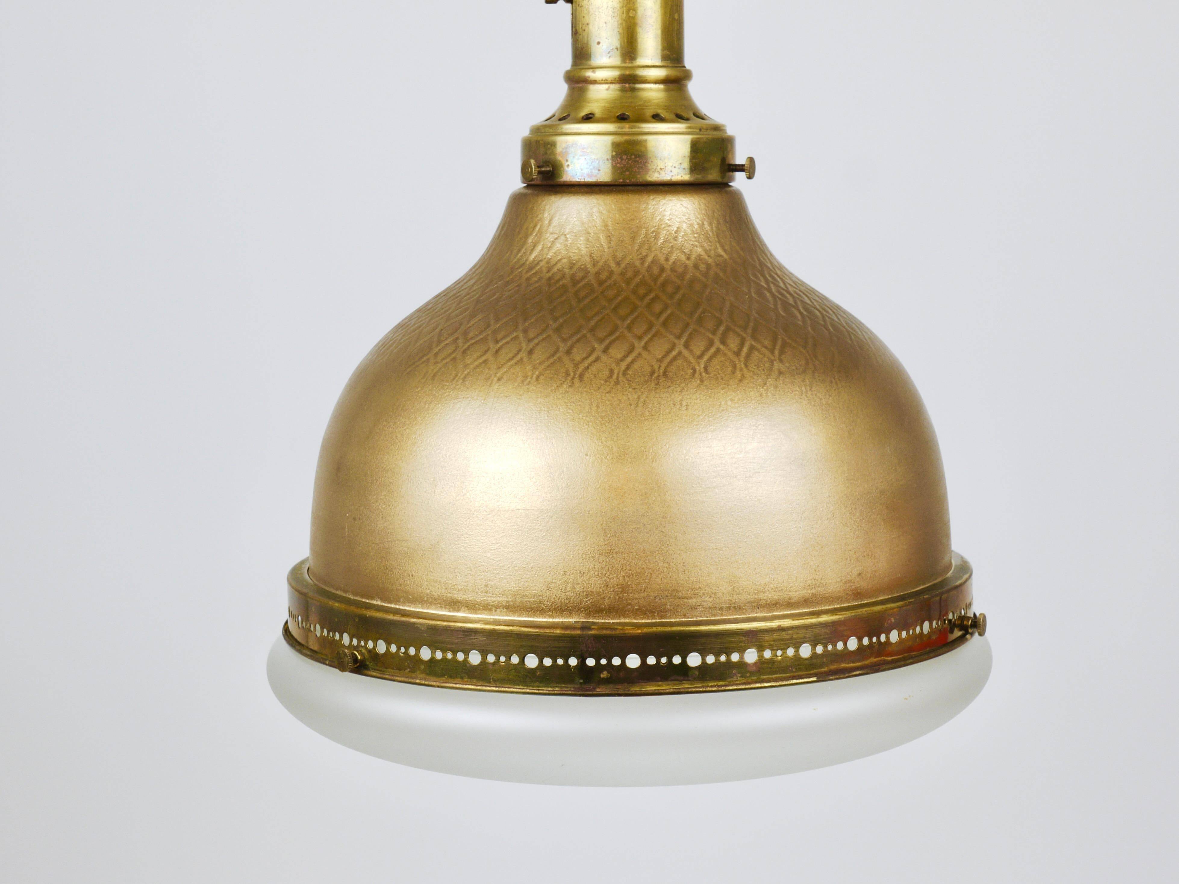 Art Nouveau pendant lamp in brass and glass from the 1920s, ceiling light, Jena, Germany.