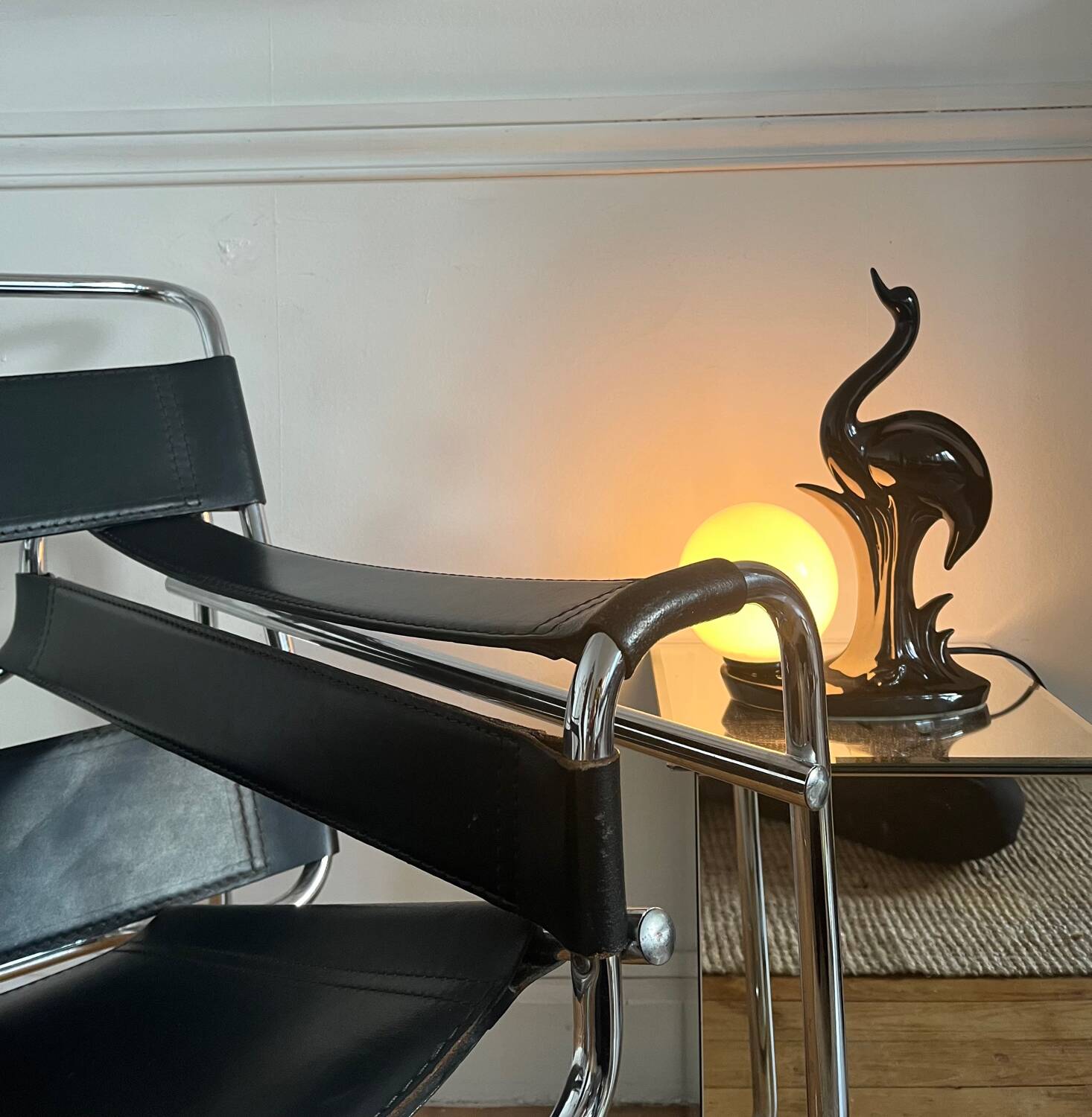 Vintage ceramic lamp with opaline globe