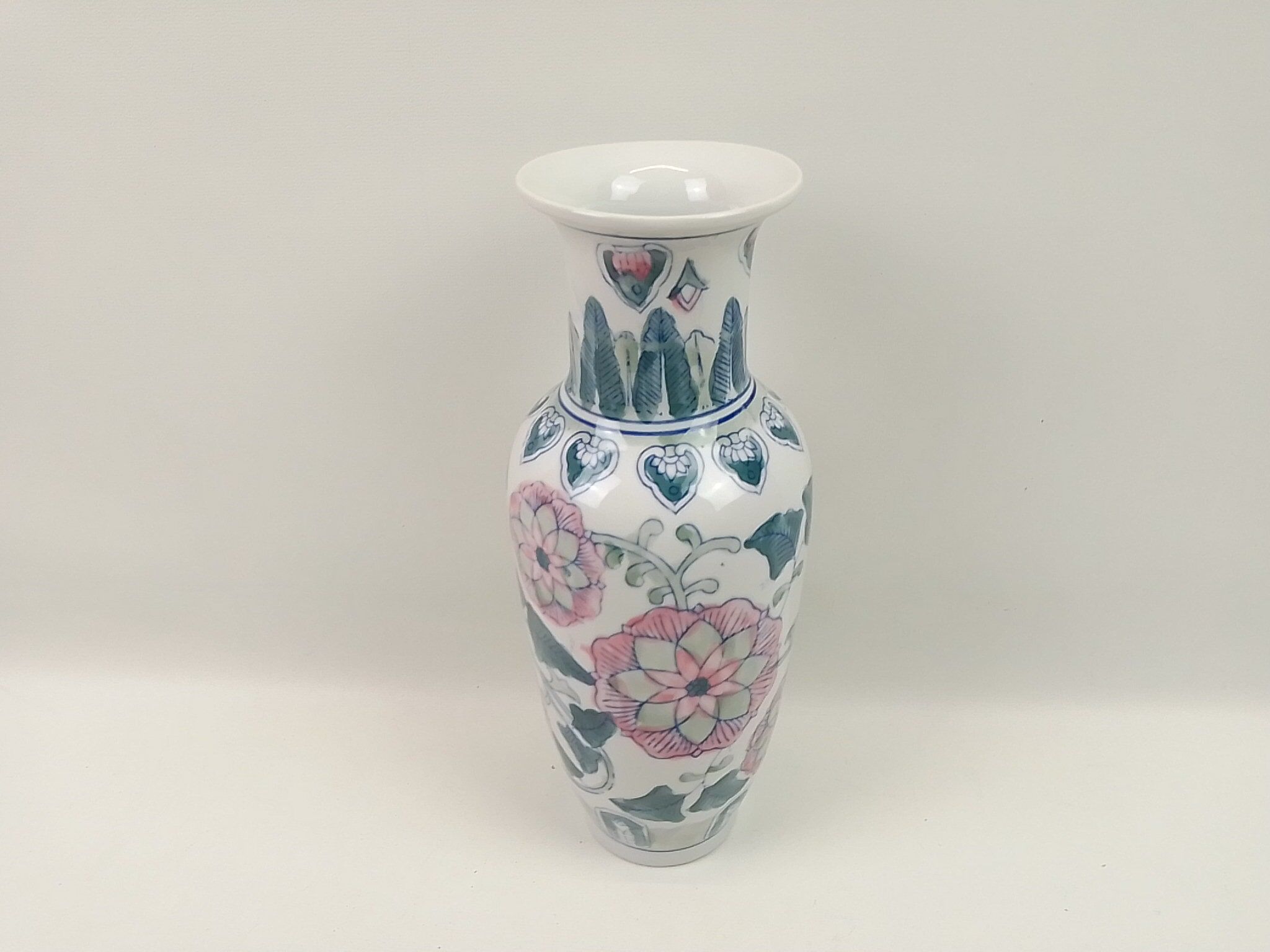 Ceramic vase white deco pink and green flowers 30cm