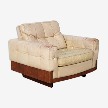 Fauteuil club vintage en palissandre et cuir