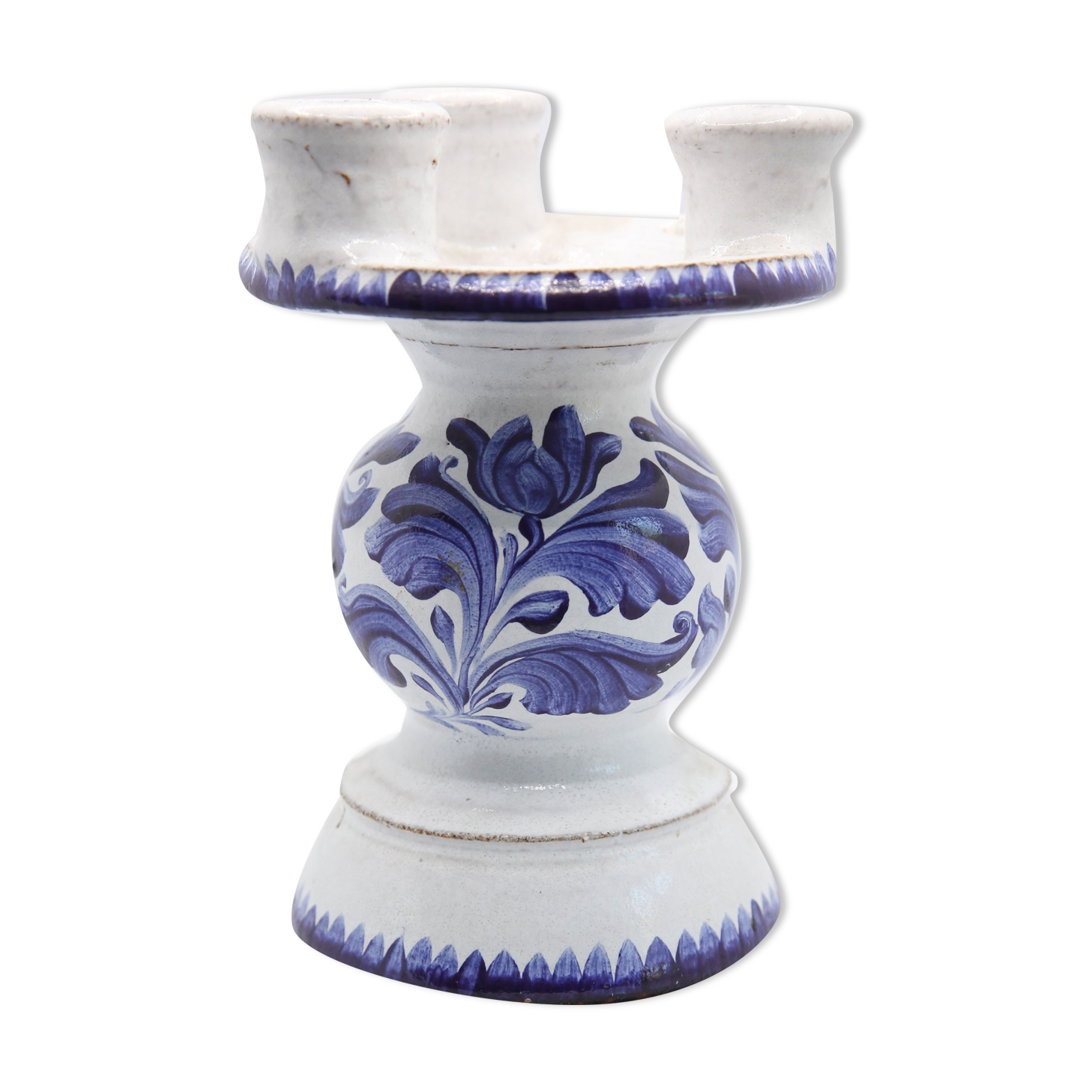 Triple candle holder in Biot earthenware with blue flower patterns