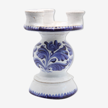 Triple candle holder in Biot earthenware with blue flower patterns