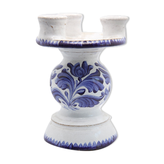 Triple candle holder in Biot earthenware with blue flower patterns