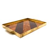 Brass and inlaid woods tray, italy 1970s