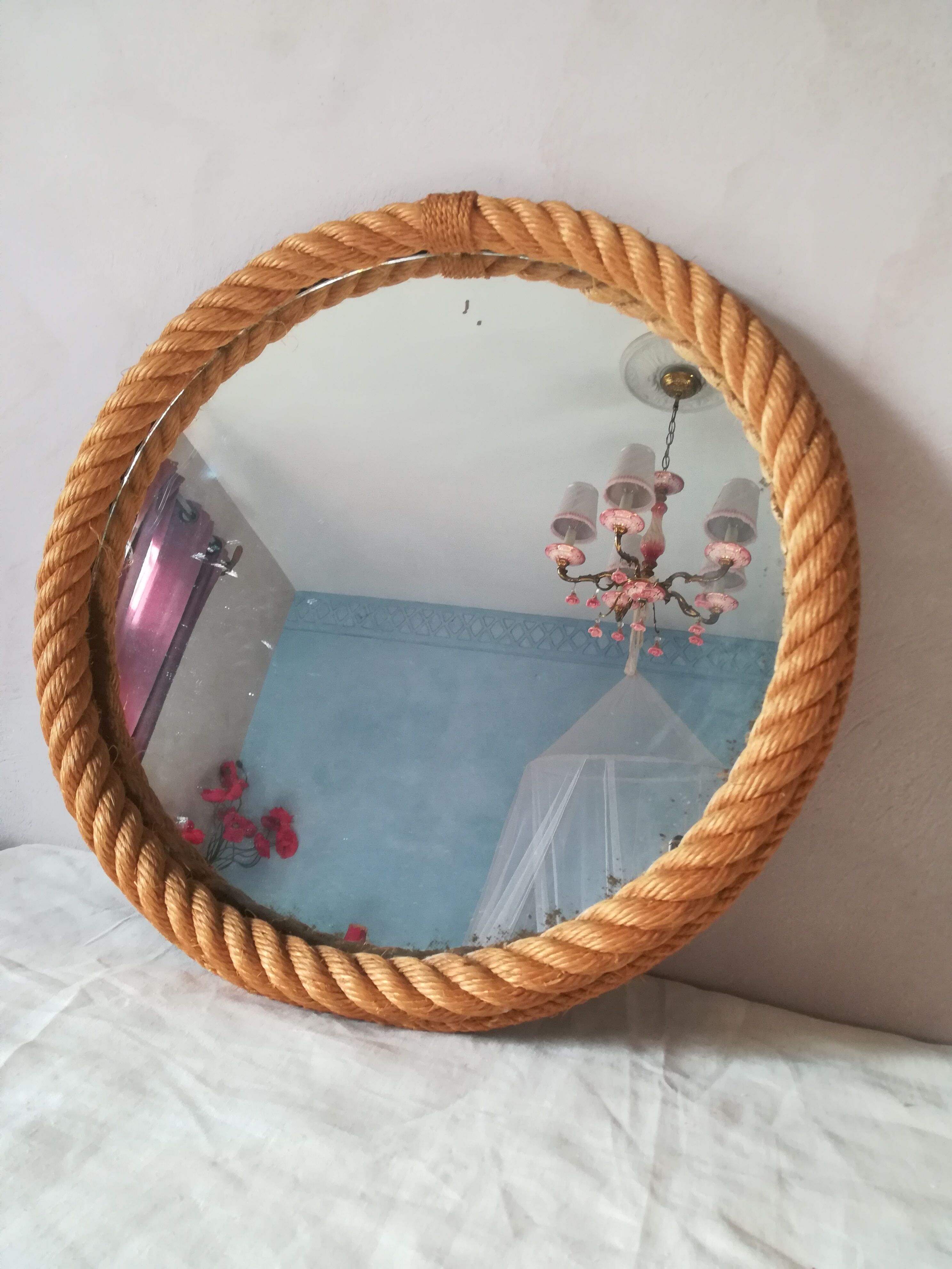 Round mirror in rope, 45 cm