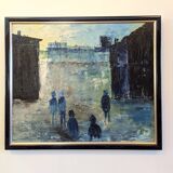 Mid-Century Modern Swedish "City Dream" Vintage Oil Painting, Framed