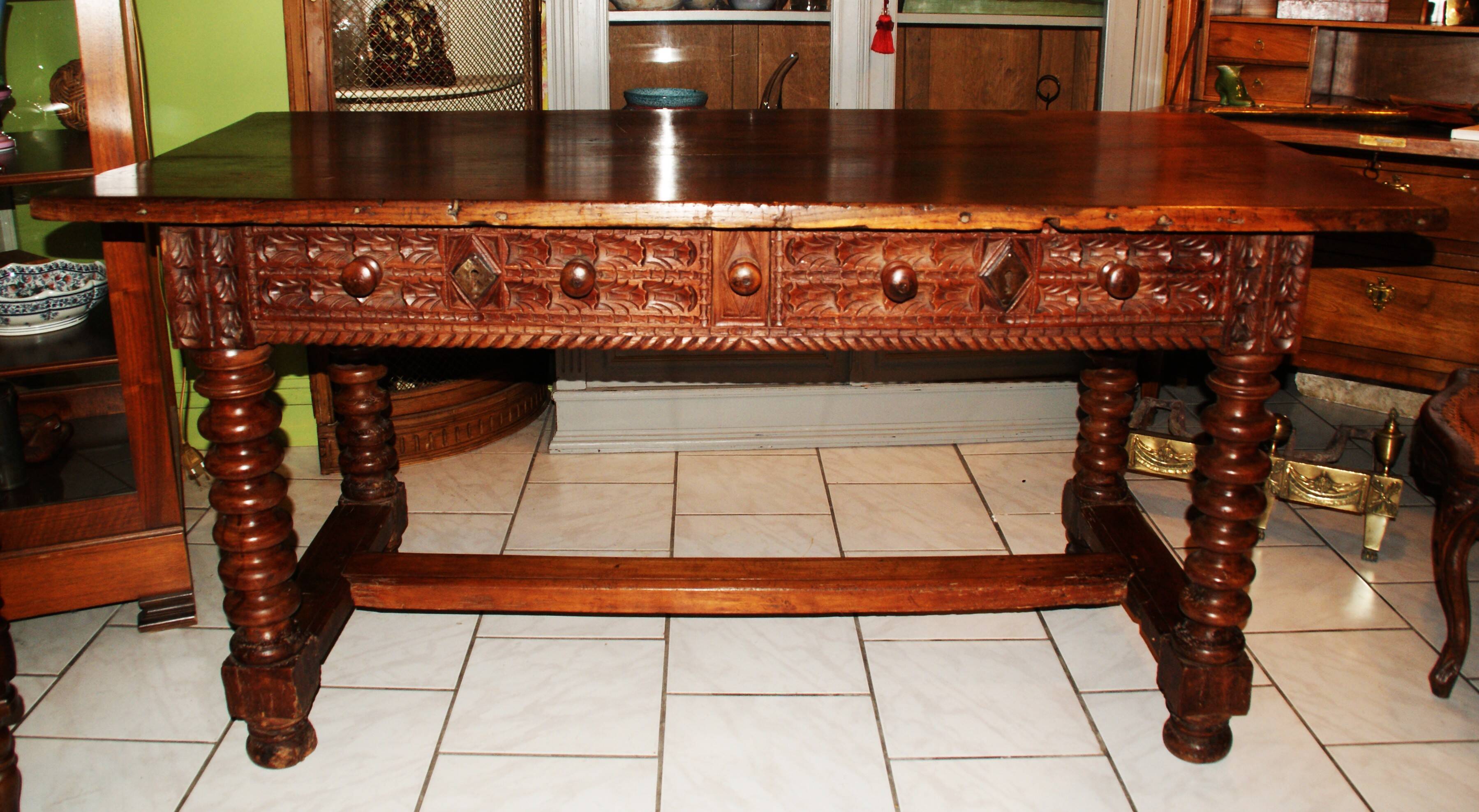 SAVOYARD CHALET TABLE, carved, with two drawers, late 18th century