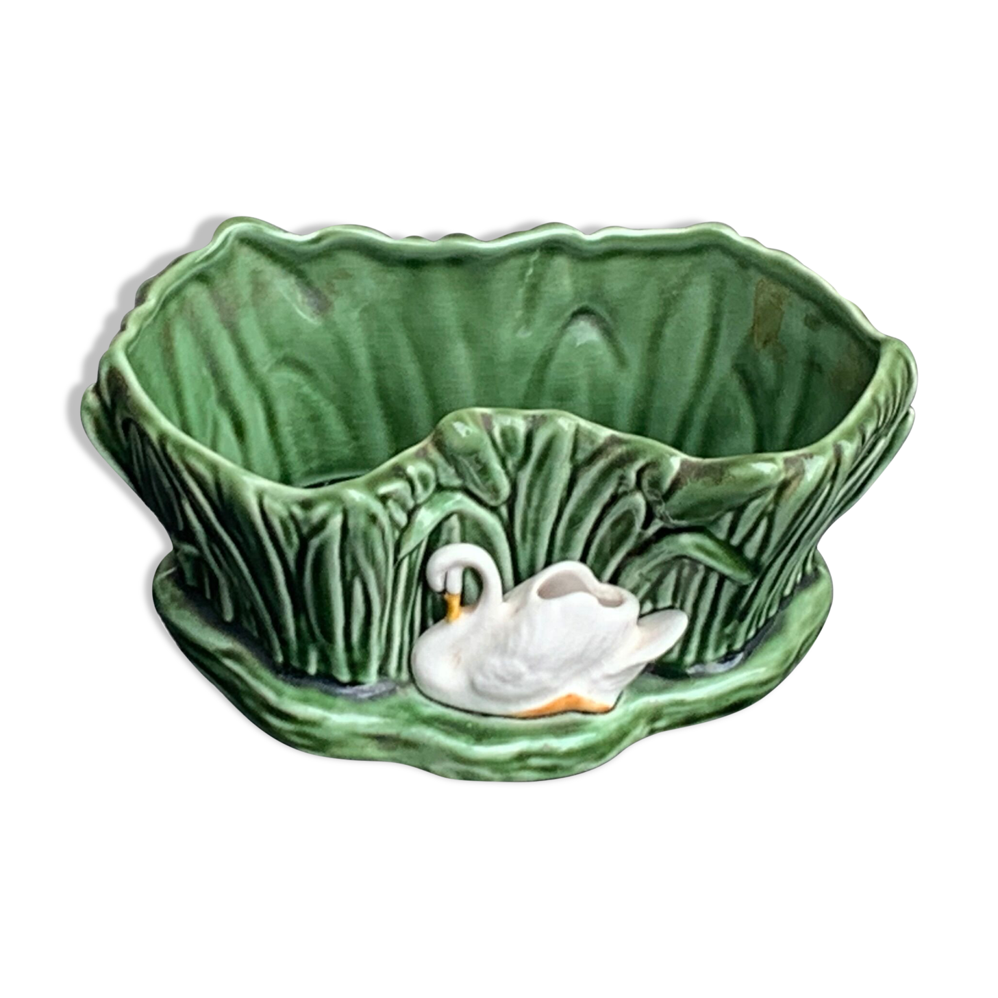 Pot cover in ceramic slurry glazed green pattern foliage and swan made in england numbered