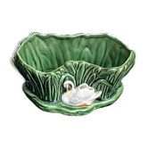 Pot cover in ceramic slurry glazed green pattern foliage and swan made in england numbered