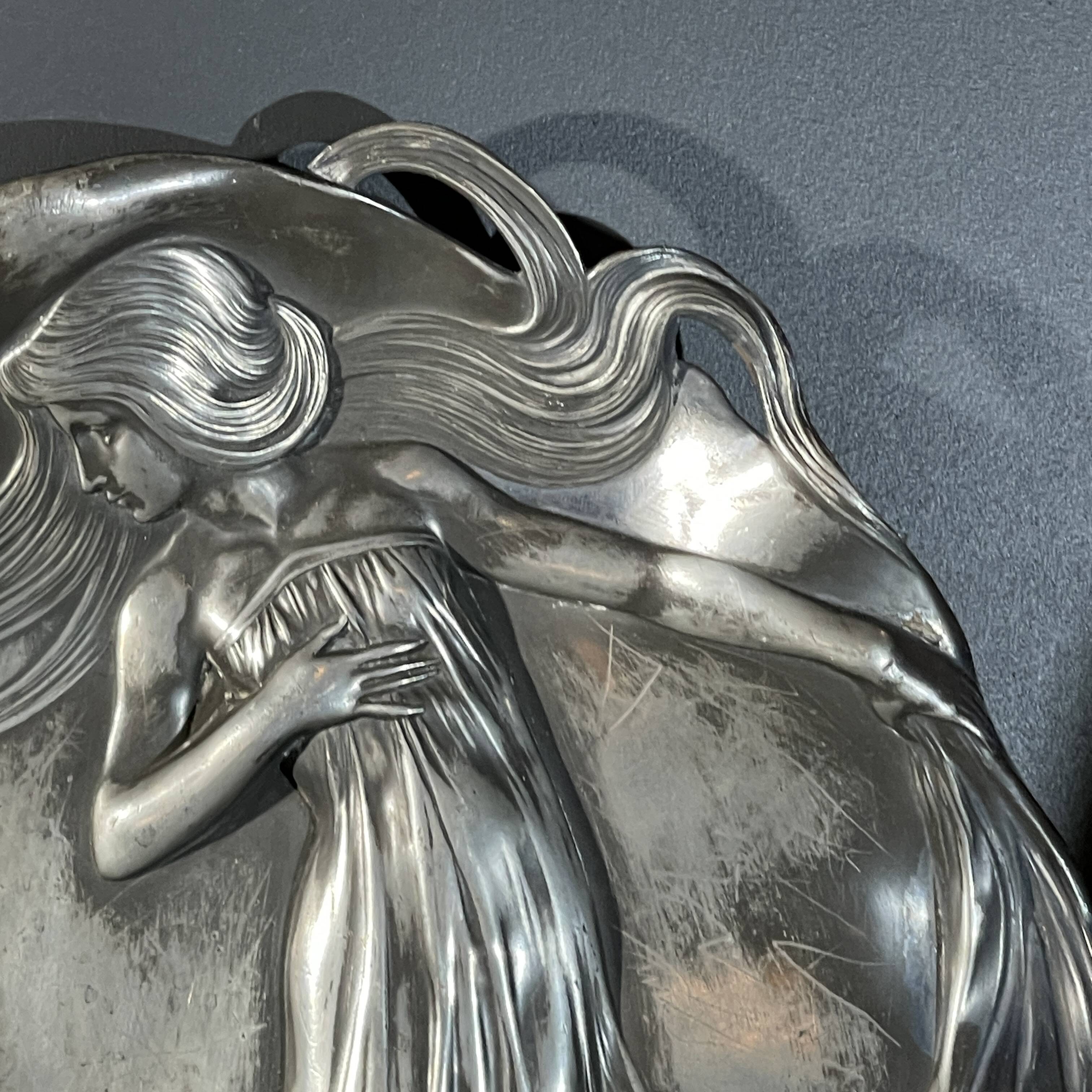 WMF "Woman with Irises" No. 290 Art Nouveau openwork tray, silver-plated metal, ca 1906