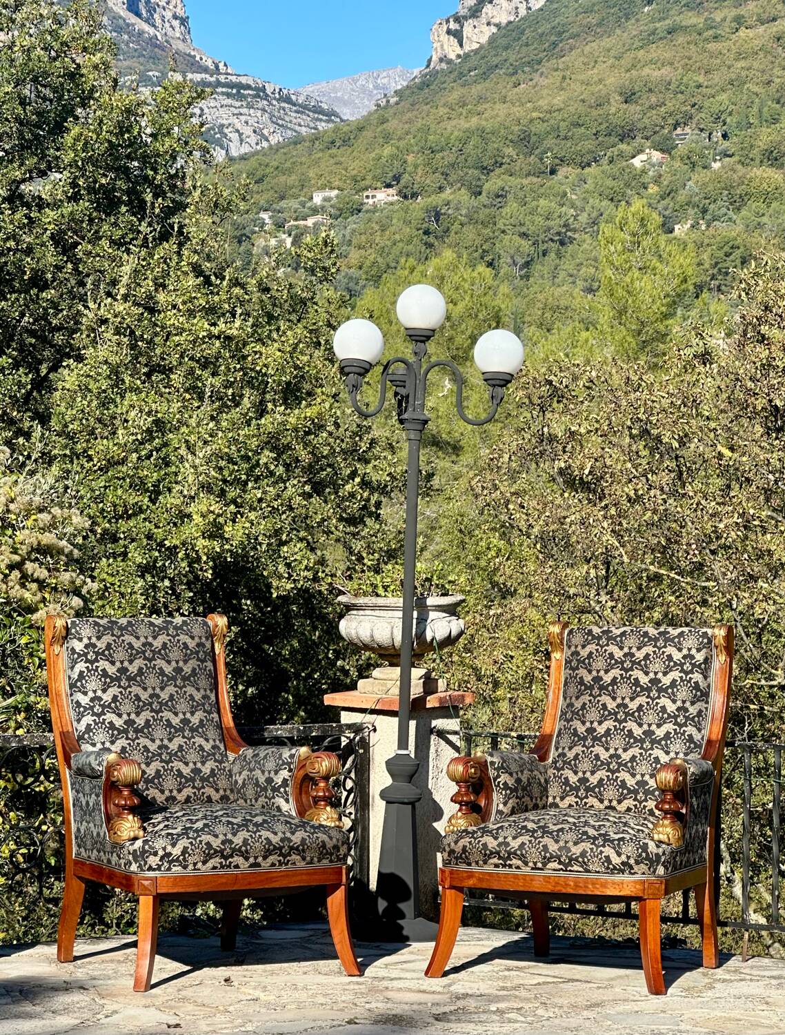 Pair of Mahogany Bergère Armchairs with Chimera Motifs, 19th Century