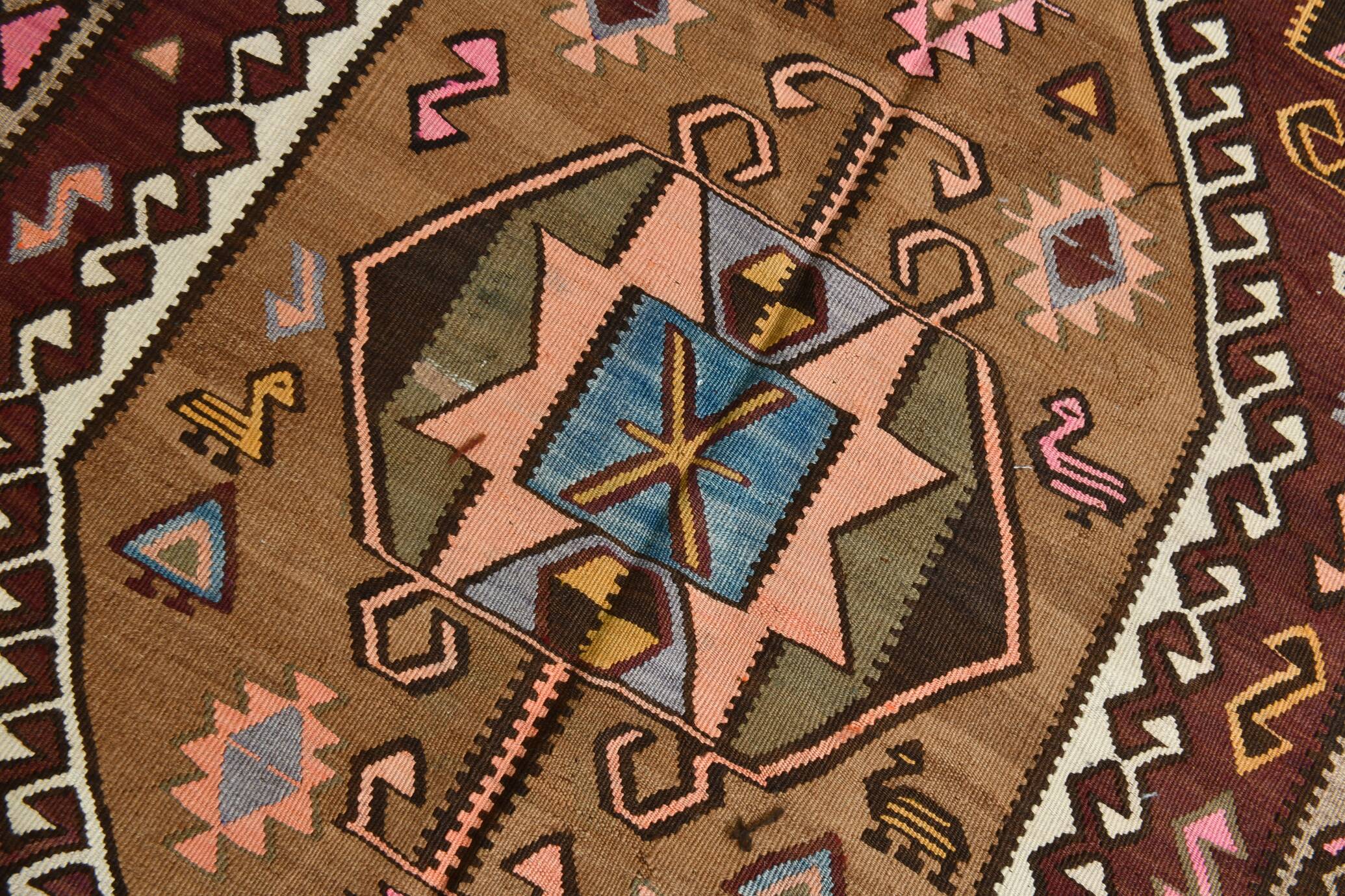 4x13 Kilim Long Wide Brown Handmade Turkish Kilim Runner Rug, 131x404 Cm