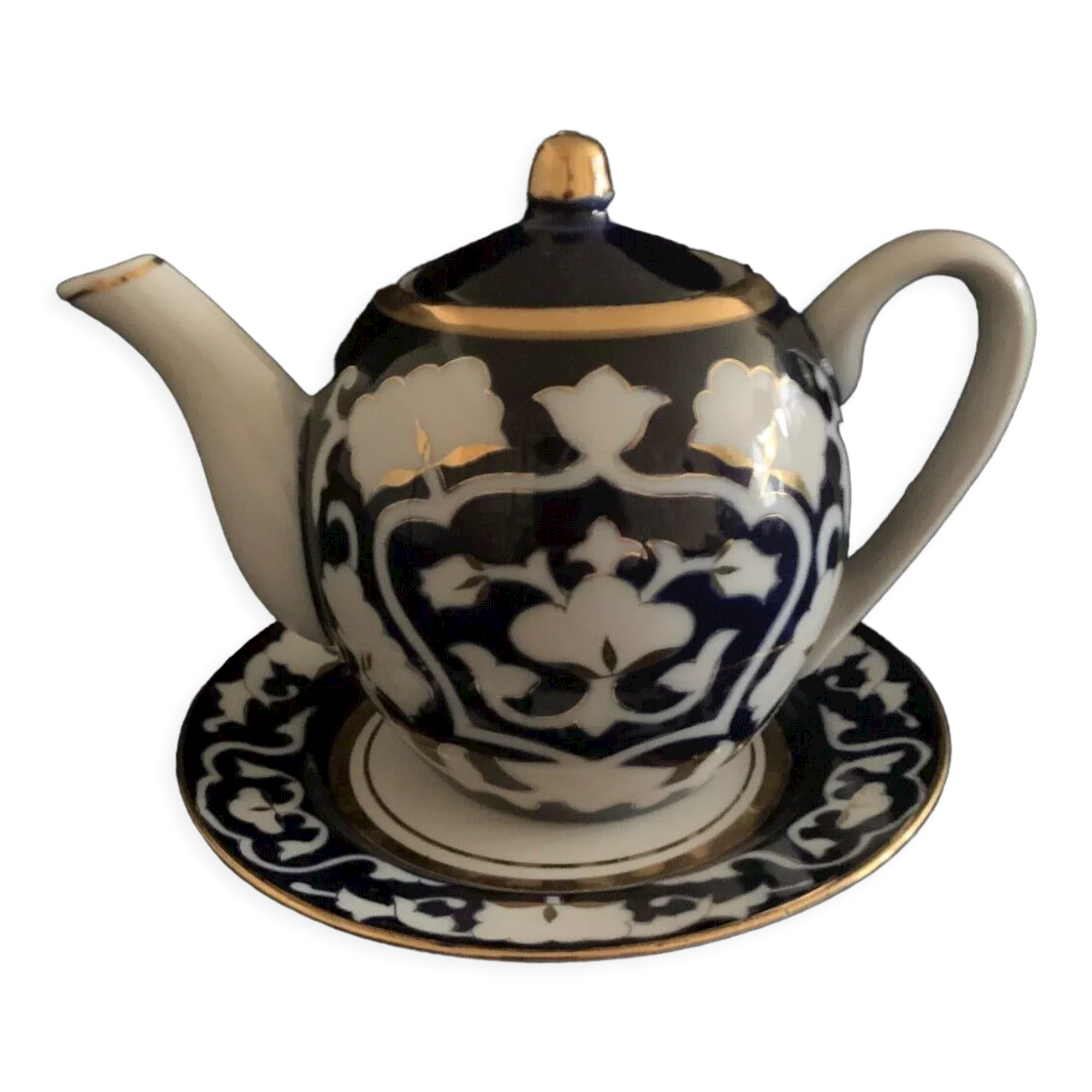 Uzbek teapot, plate, porcelain, collection, ethnic, signed, gilding