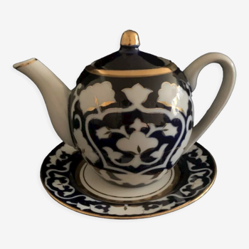 Uzbek teapot, plate, porcelain, collection, ethnic, signed, gilding