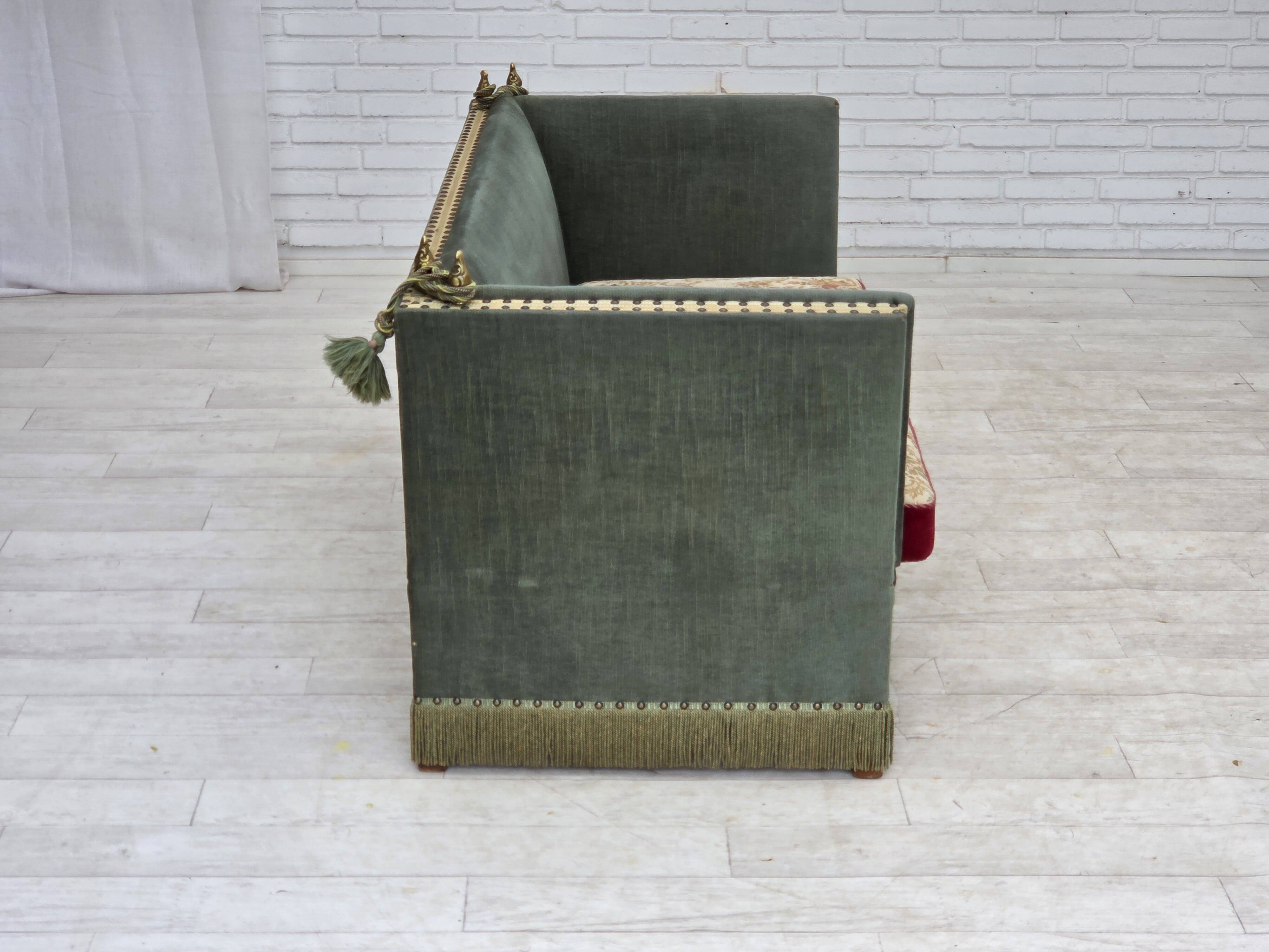 1970s, Danish 2-seater drop arm "Spanish" sofa, green and red velour.