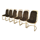 Ensemble de 6 chaises de salle à manger vintage chromées dorées : design italien du milieu du siècle