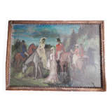 Old oil painting representing an equestrian scene