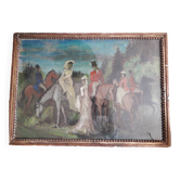 Old oil painting representing an equestrian scene