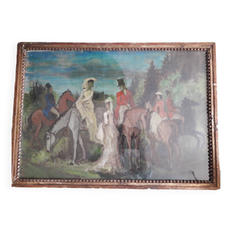 Old oil painting representing an equestrian scene