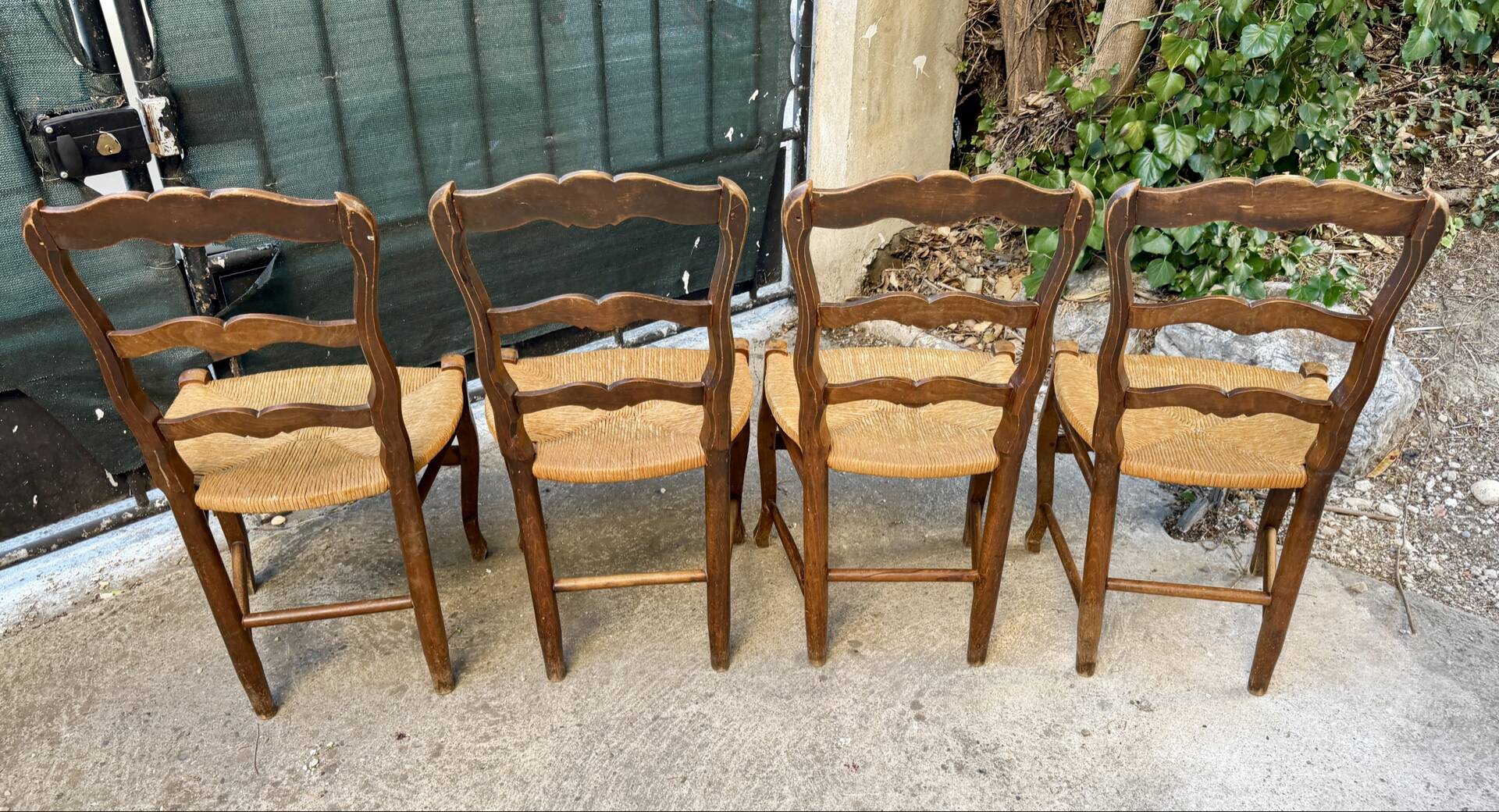 Set of 4 Provençal oak chairs with rush seats.