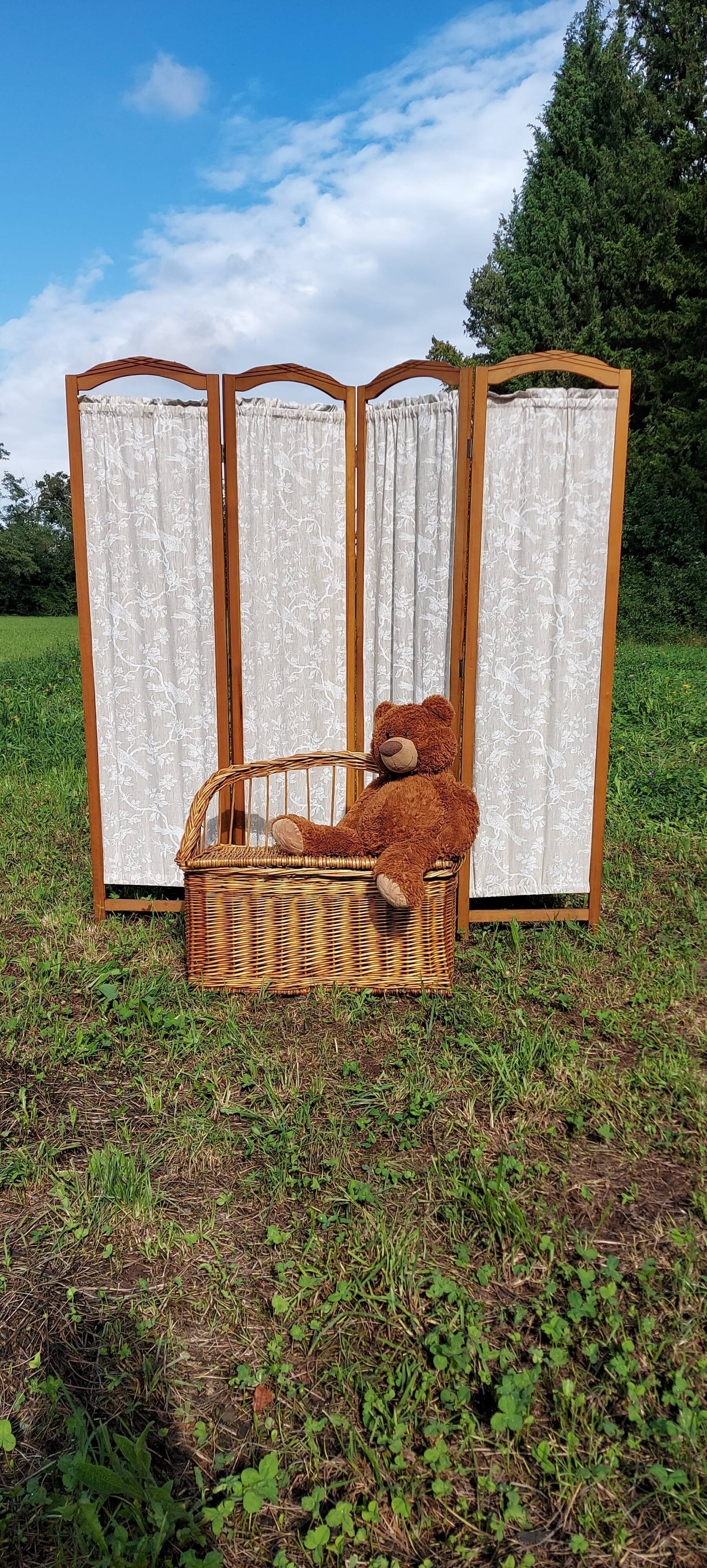 Paravent bois et tissu 4 panneaux