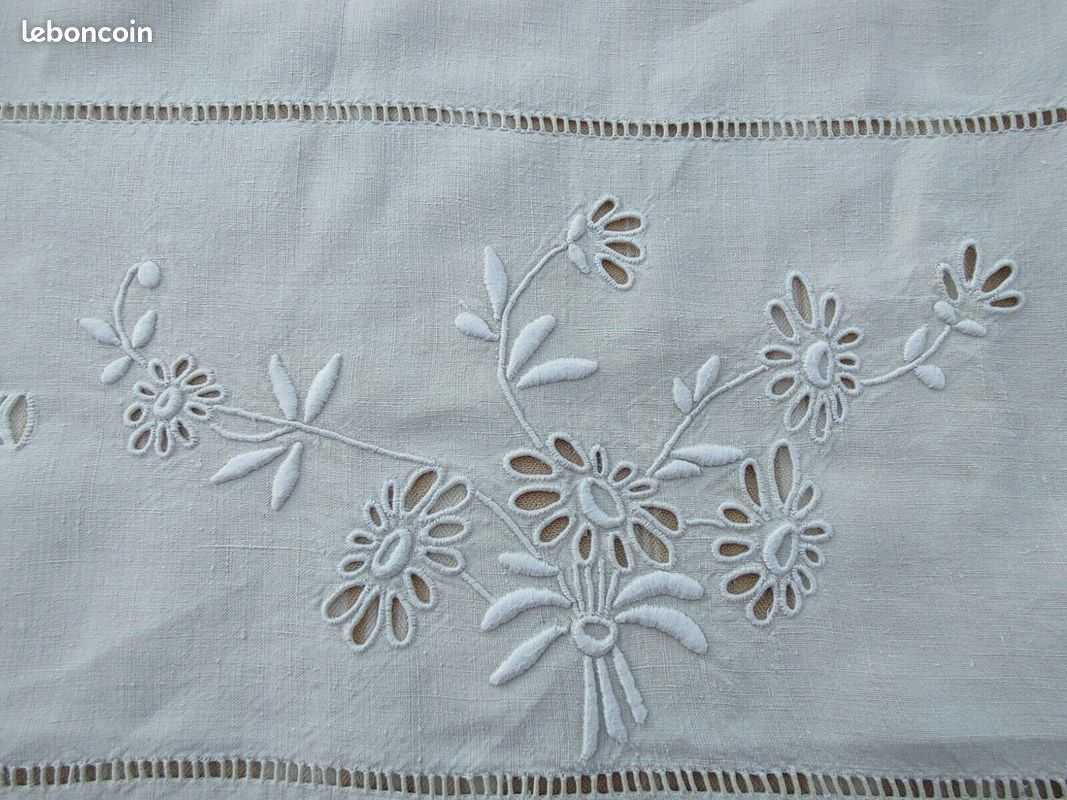 old sheet flowers embroidered hand linen canvas ecru large returns 220 x 285 cm