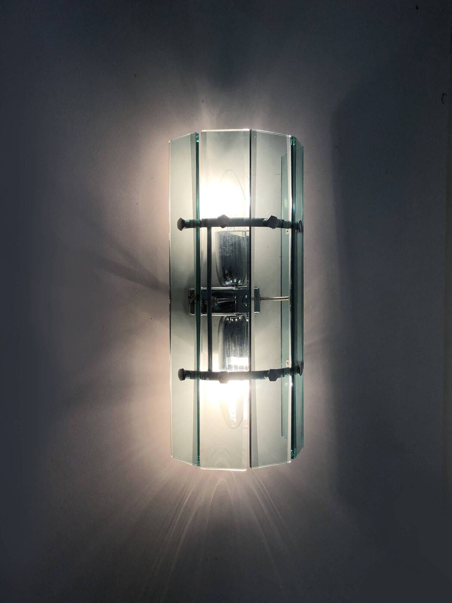 Pair of Italian Veca wall lamps in bluish glass, chrome, double lights