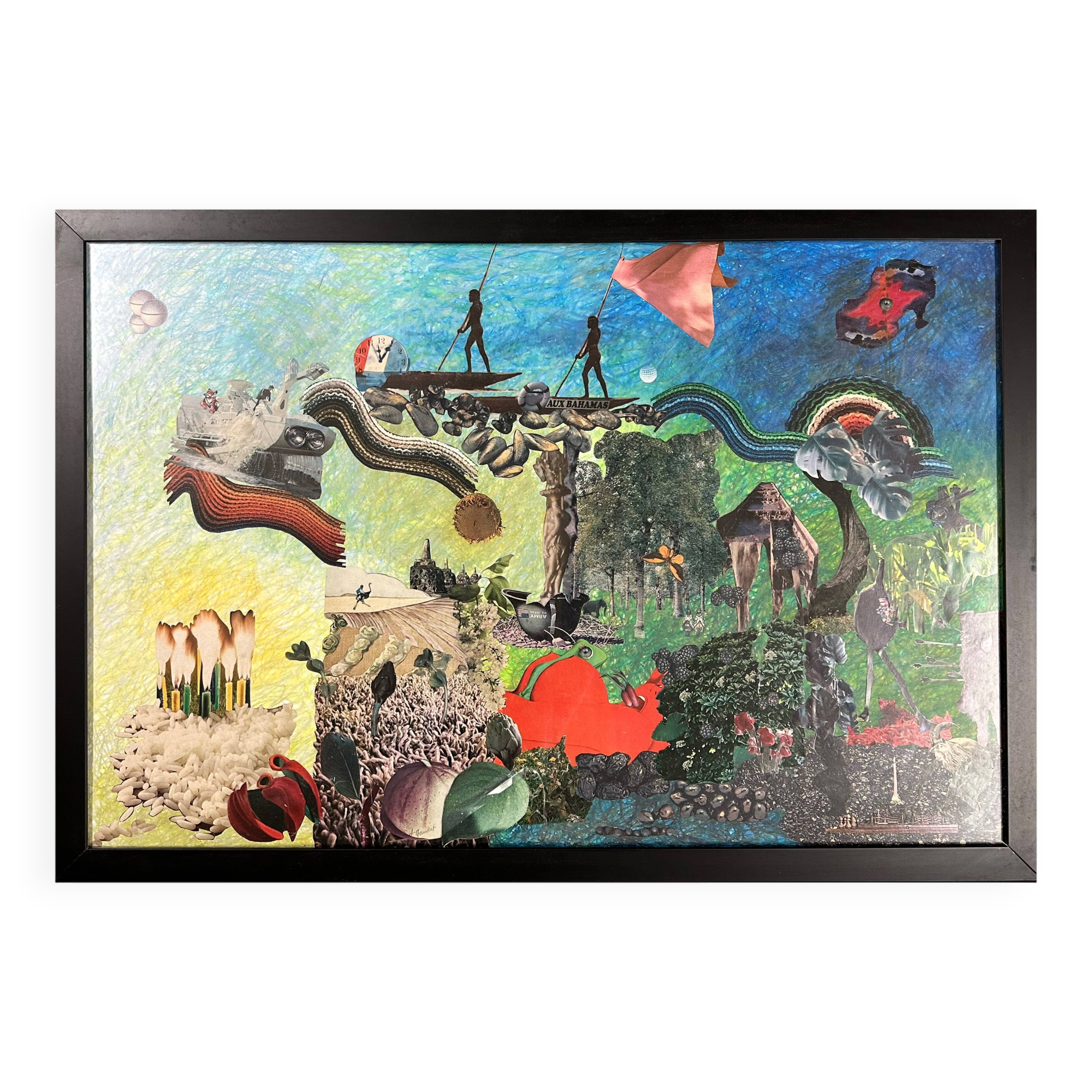 Very large surrealist collage framed by Alain Gaudet 1979
