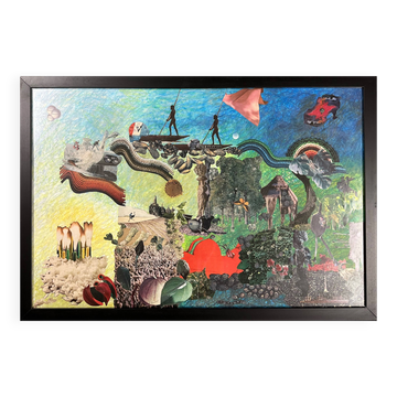 Very large surrealist collage framed by Alain Gaudet 1979