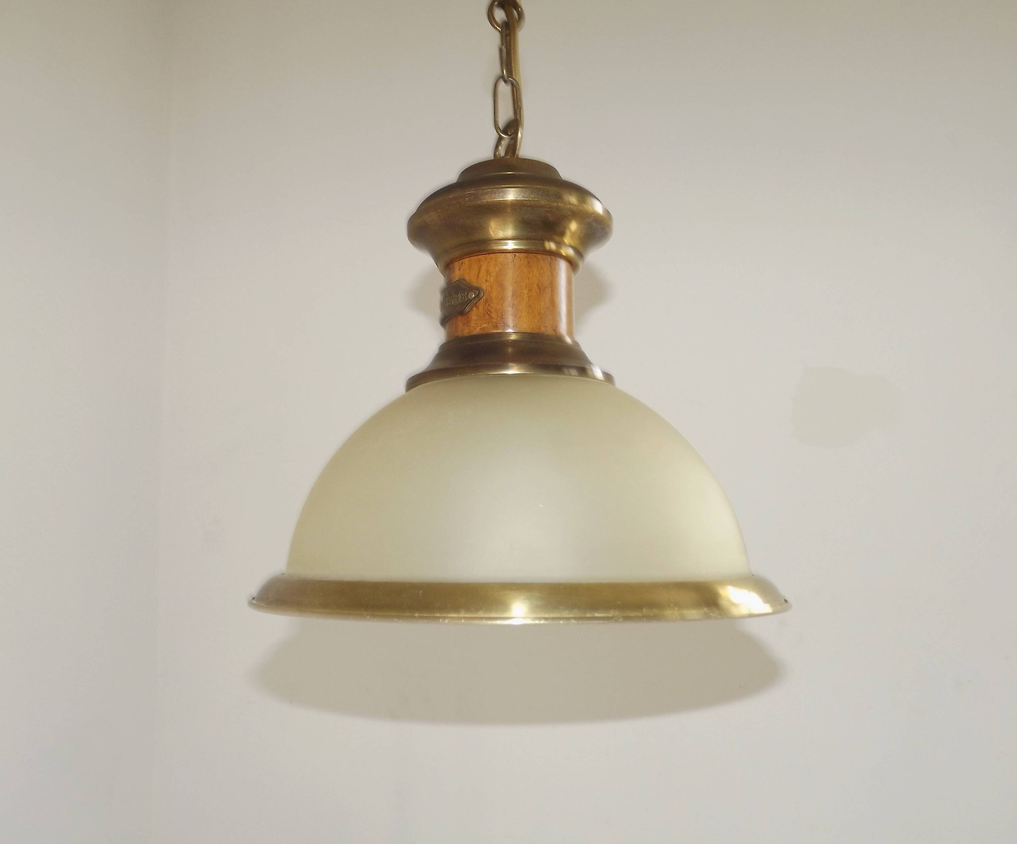 French Vintage "Louisiane" Brass & Wood Pendant Lamp - Hanging Light