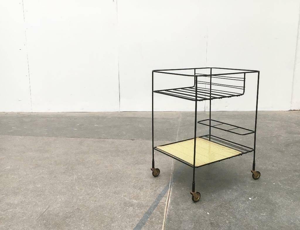 Minimalist perforated metal serving trolley in mid-century style, 1960s.