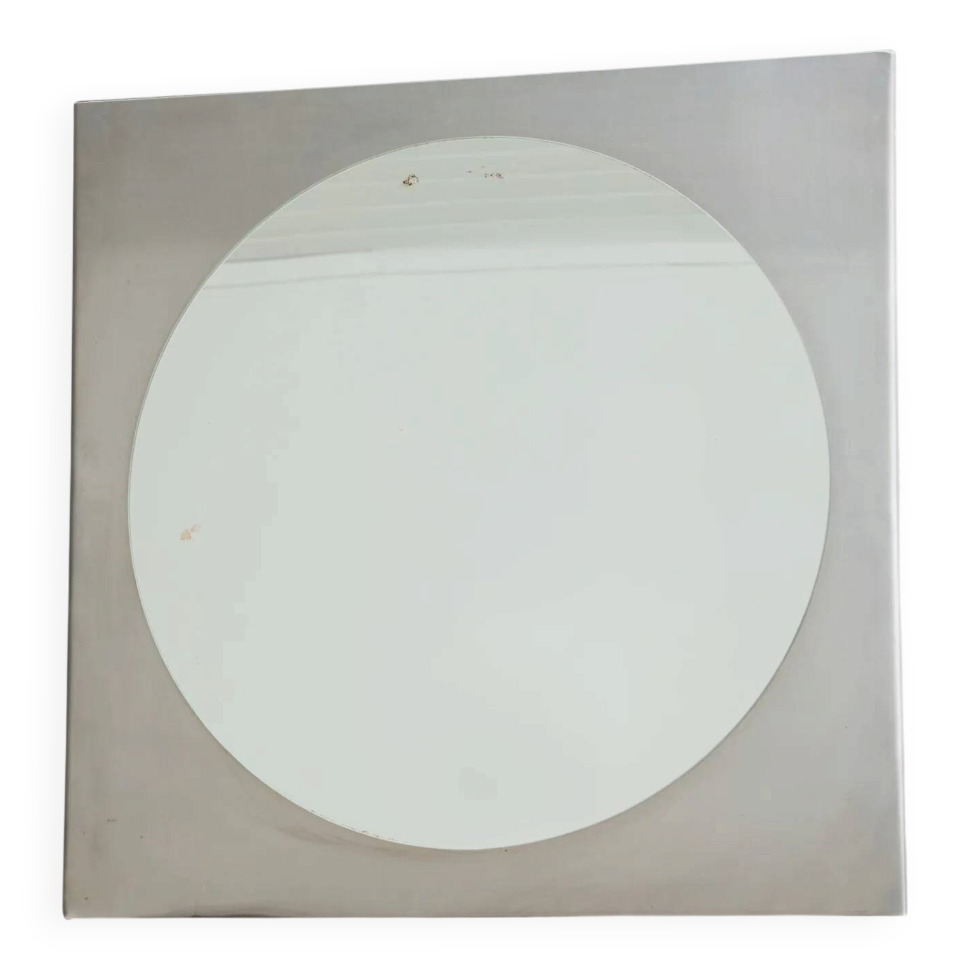 Round mirror with a square brushed aluminium frame, 1970-1980.