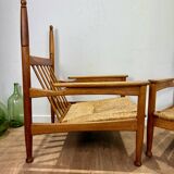 Pair of wooden and straw armchairs