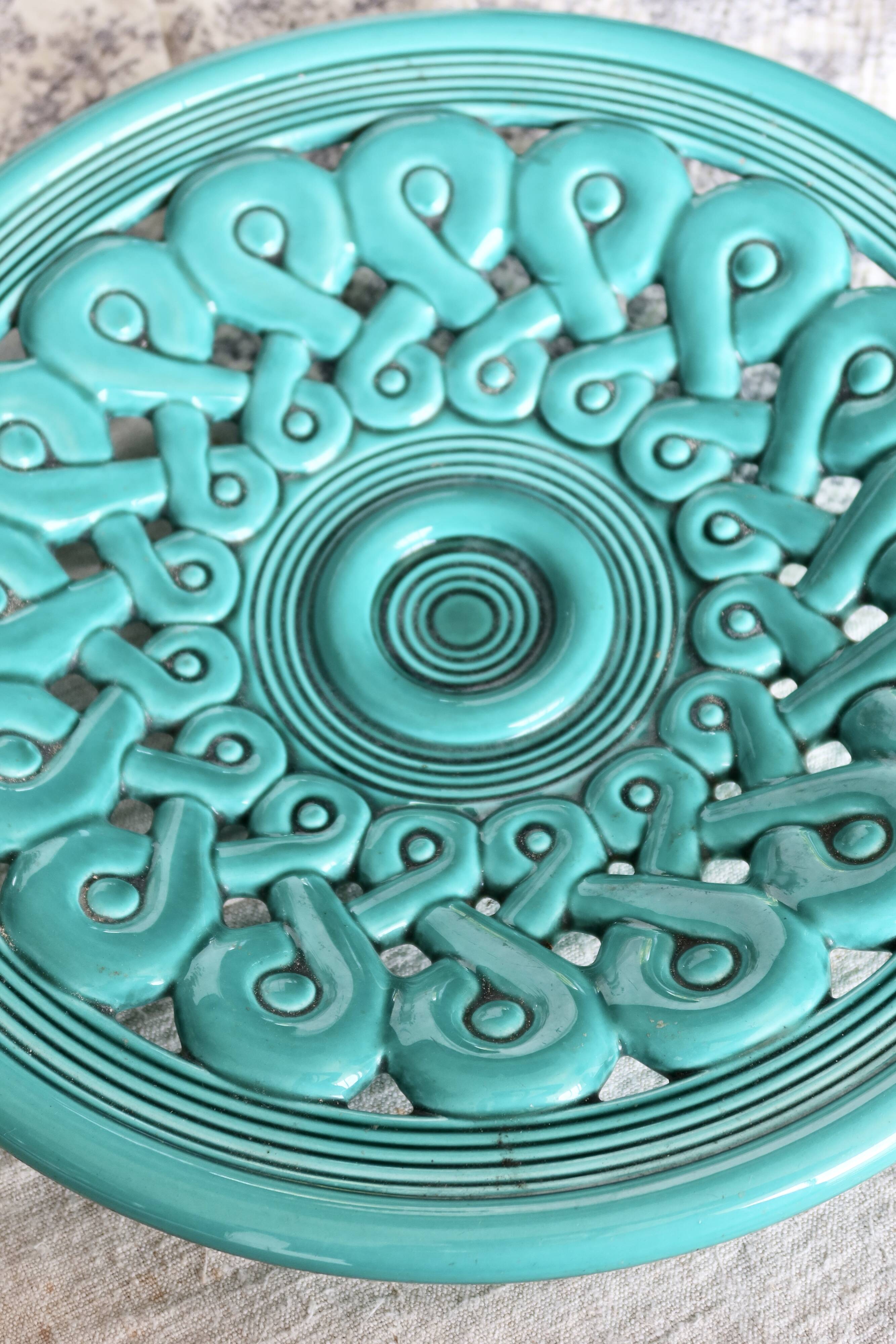 Large vintage turquoise ceramic bowl – Openwork braided pattern