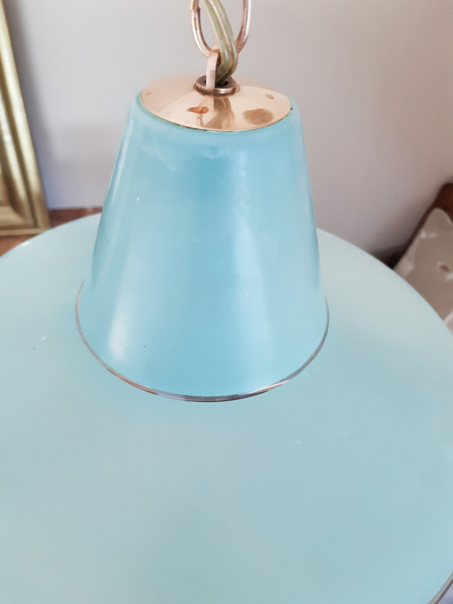 Vintage ceiling lamp suspension in glass, blue, 50s