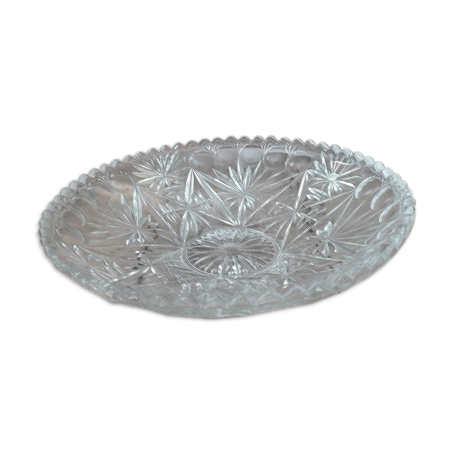 Fruit cup Display Dish stars chiseled Hollow molded glass old vintage