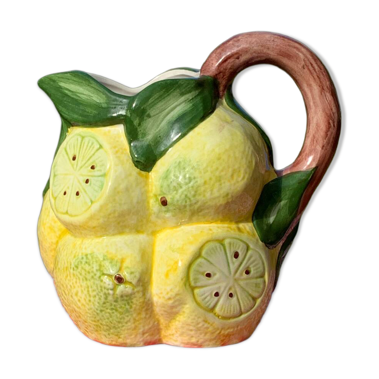 Hand-painted lemon barbotine pitcher vintage Italy