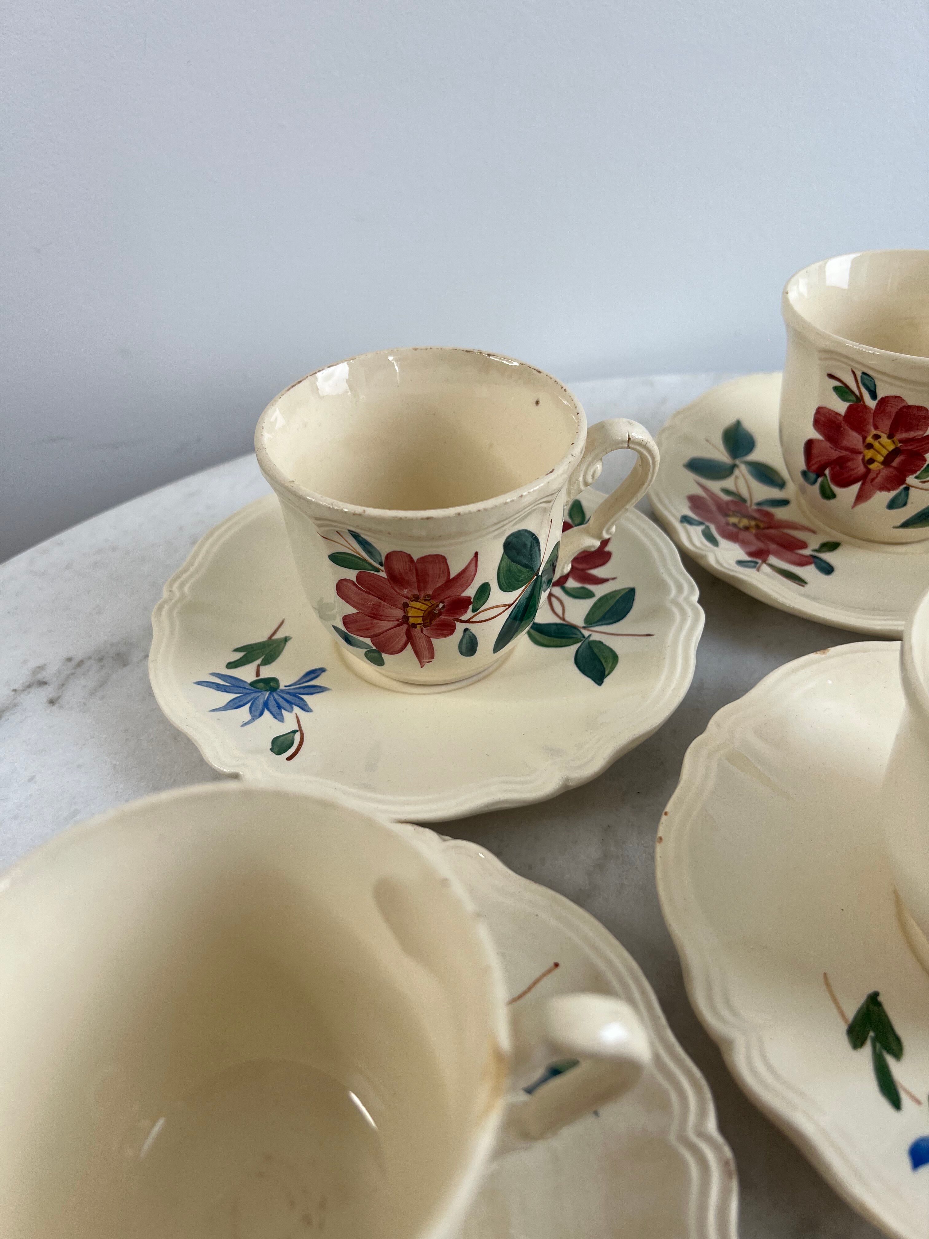 Set of 8 hand-painted coffee cups Sarreguemines Terre de fer