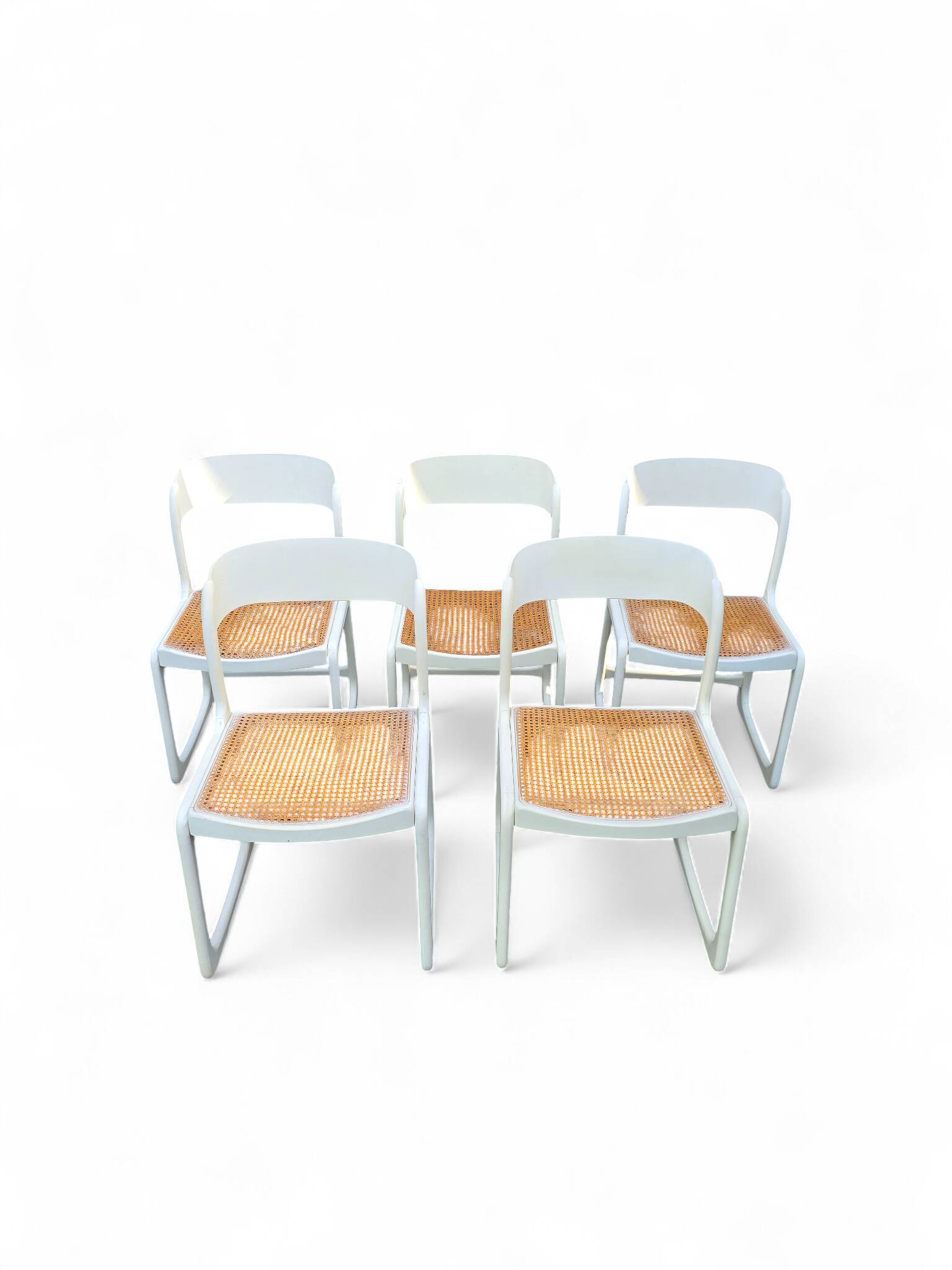 Set of 5 white Baumann "Sleigh" chairs