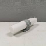 Bathroom lamp with light gray ceramic base,  and milky white opal glass.