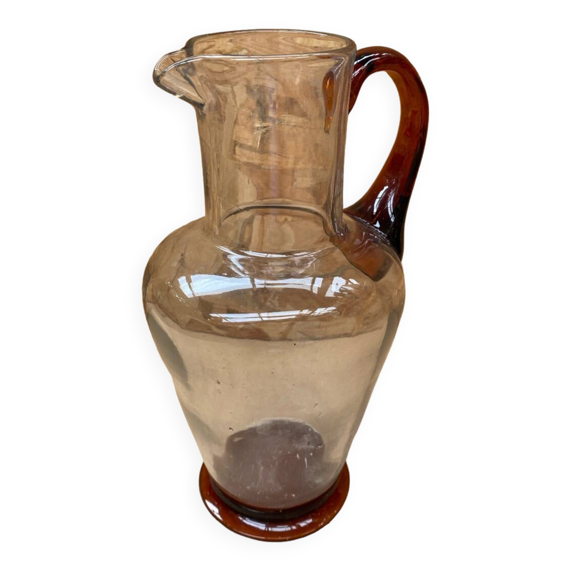 Antique clear blown glass pitcher + orange handle & foot vintage