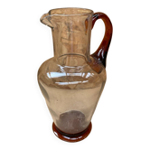 Ancien pichet verre soufflé transparent + anse & pied orange vintage