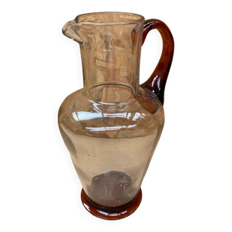 Ancien pichet verre soufflé transparent + anse & pied orange vintage