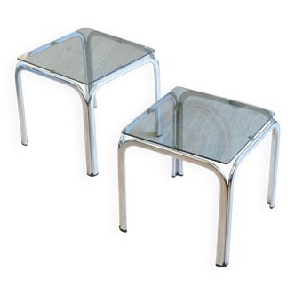 Pair of small vintage smoked glass side tables