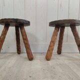 Pair of brutalist hardwood tripod stools solid wood