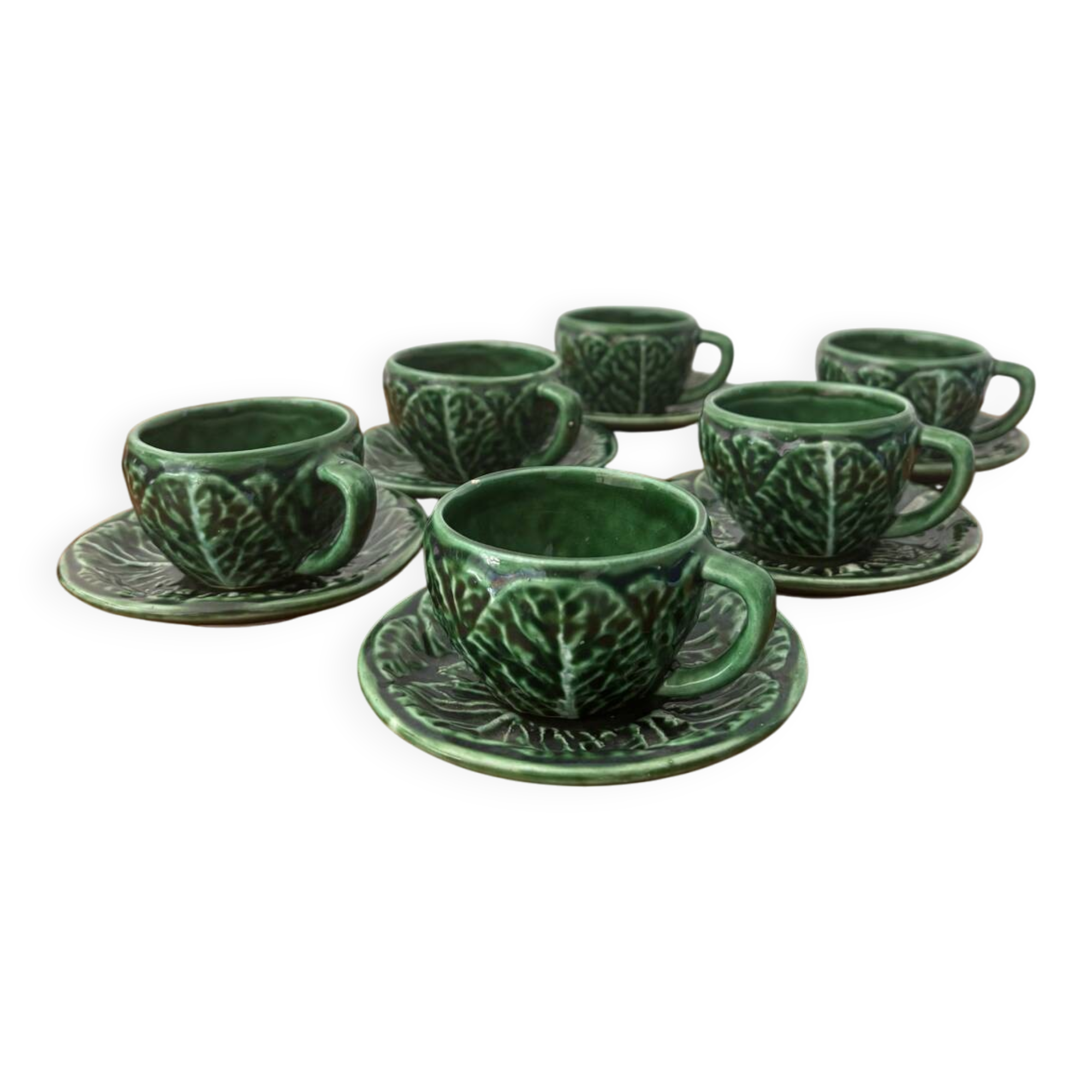 Lot de 6 tasses à café vintage en barbotine chou vert – faïence vintag